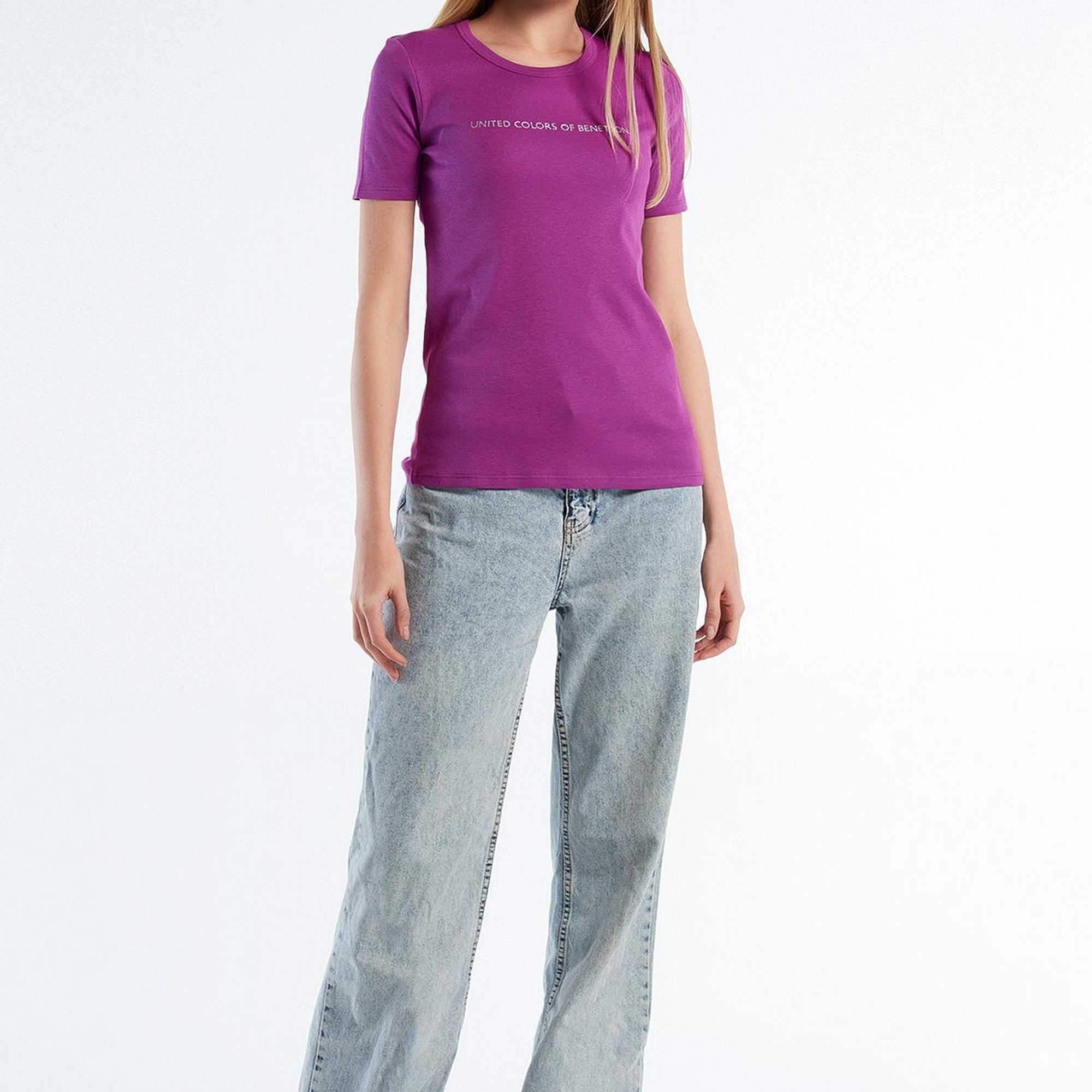 Kadın Mor %100 Koton Benetton Yazılı Basic T-Shirt
