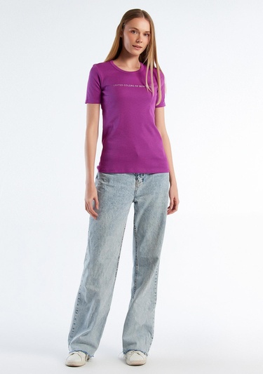  Kadın Mor %100 Koton Benetton Yazılı Basic T-Shirt
