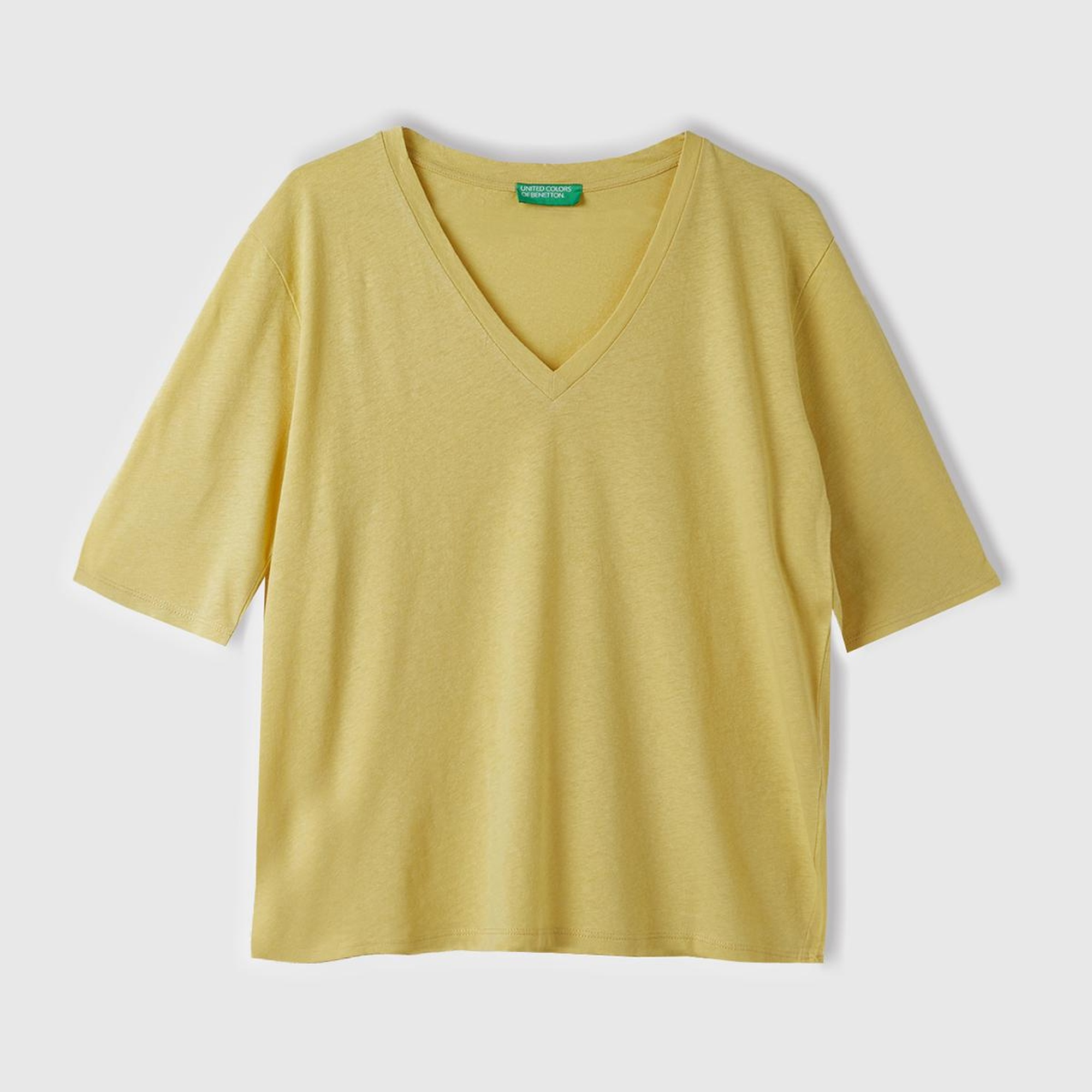 Kadın Açık Sarı Pamuk Keten Karışımlı V Yaka Rahat Kesim T-Shirt