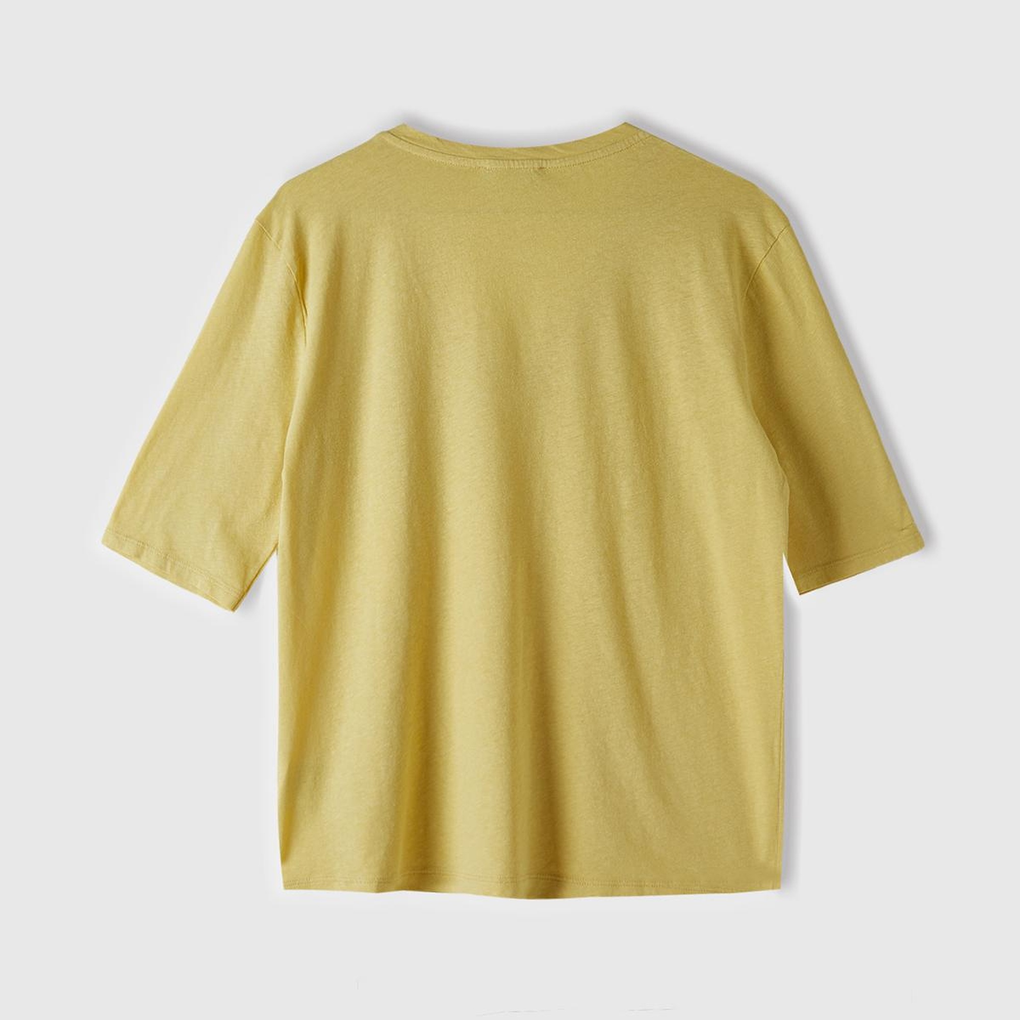 Kadın Açık Sarı Pamuk Keten Karışımlı V Yaka Rahat Kesim T-Shirt