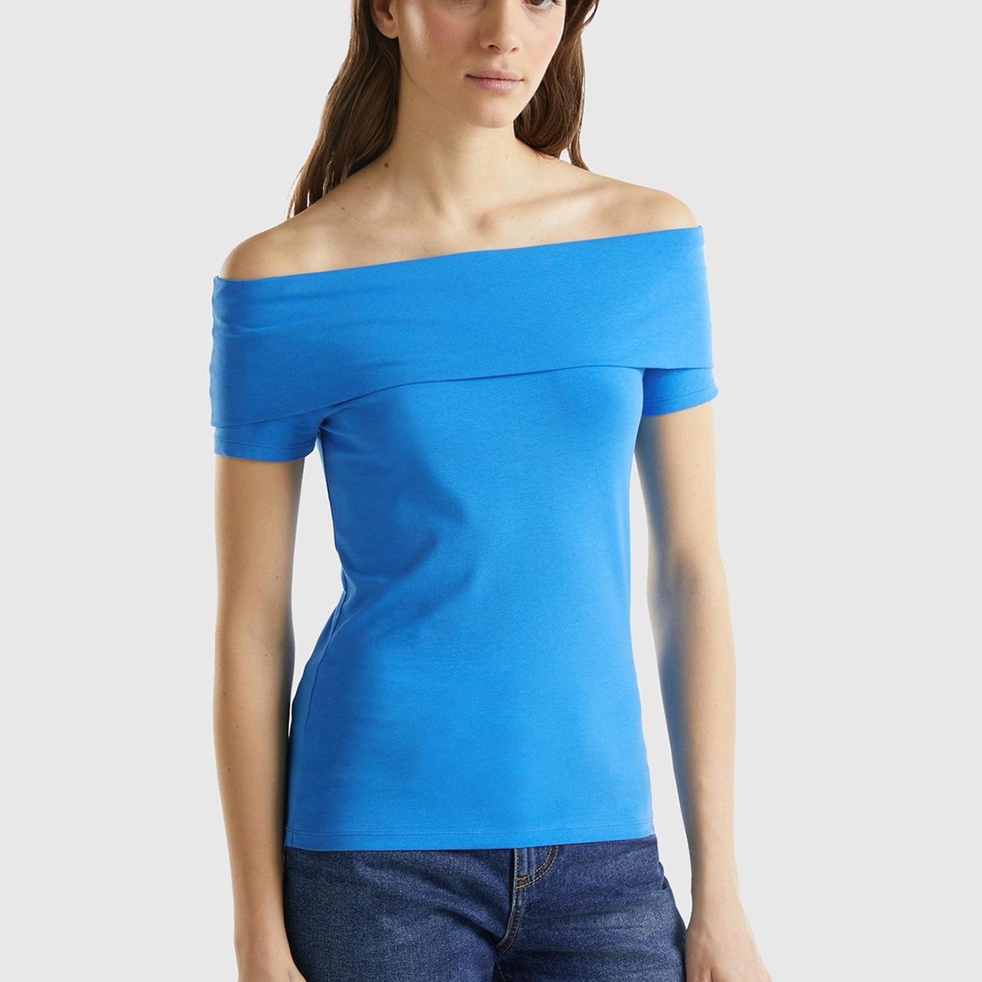 Kadın Mavi Pamuk Karışımlı Beli Daralan Kısa Kollu Şal Yaka T-shirt