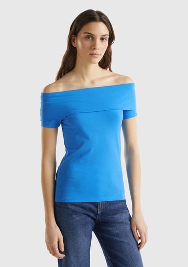  Kadın Mavi Pamuk Karışımlı Beli Daralan Kısa Kollu Şal Yaka T-shirt