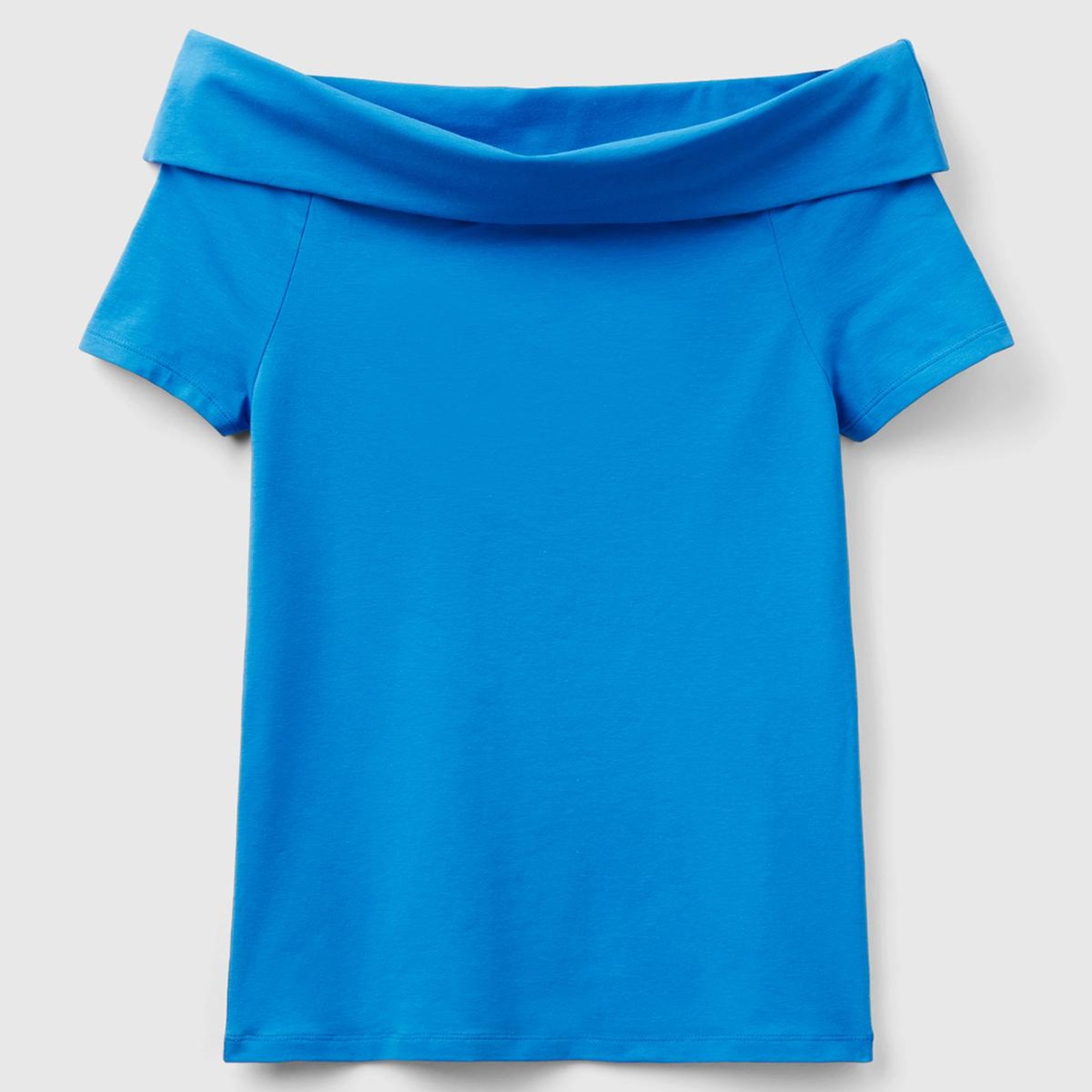 Kadın Mavi Pamuk Karışımlı Beli Daralan Kısa Kollu Şal Yaka T-shirt