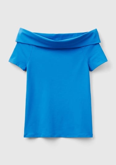  Kadın Mavi Pamuk Karışımlı Beli Daralan Kısa Kollu Şal Yaka T-shirt