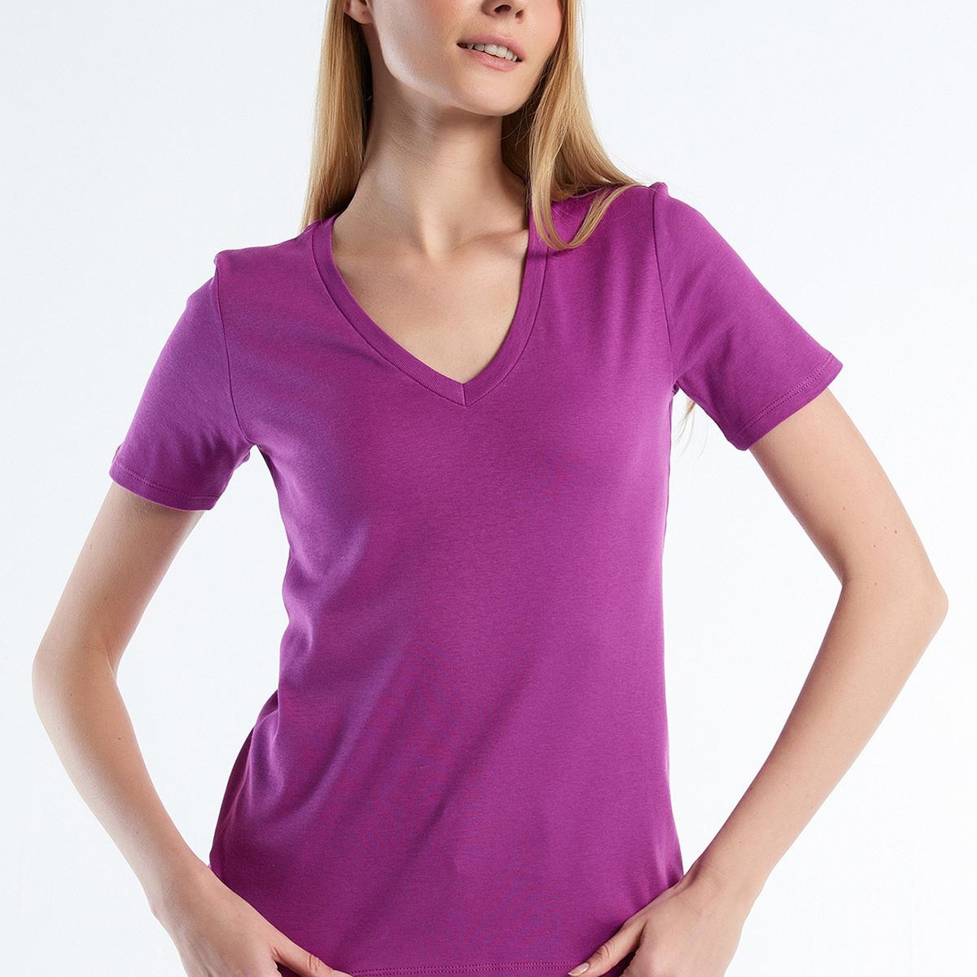 Kadın Mor %100 Pamuk V Yaka Basic T-Shirt