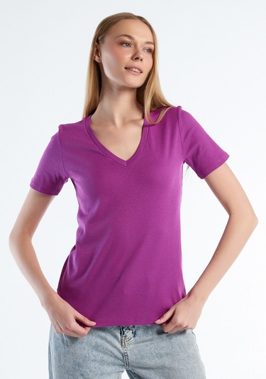 Kadın Mor %100 Pamuk V Yaka Basic T-Shirt