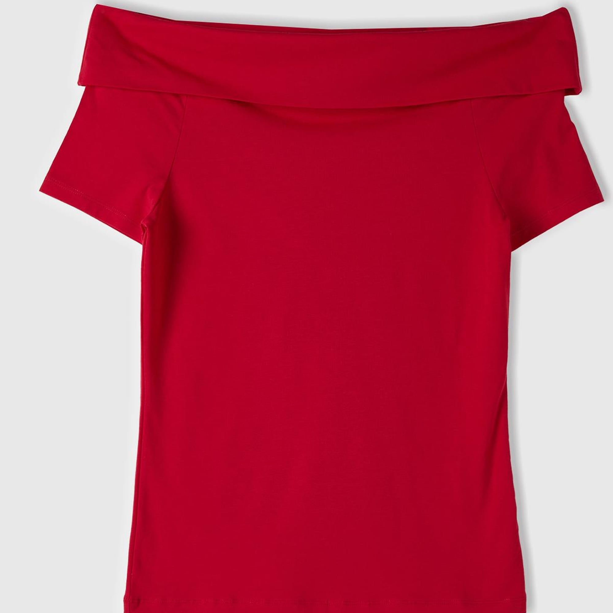 Kadın Vişne Pamuk Karışımlı Beli Daralan Kısa Kollu Şal Yaka T-shirt