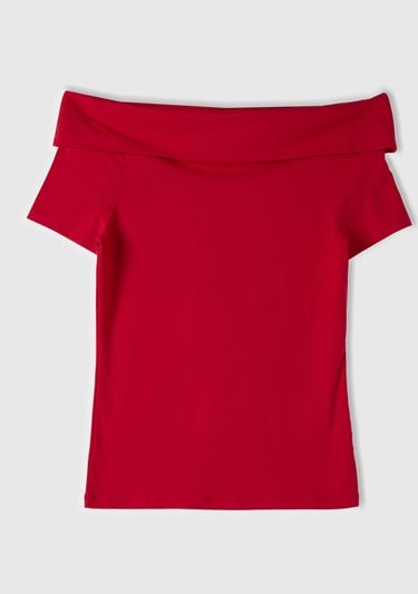  Kadın Vişne Pamuk Karışımlı Beli Daralan Kısa Kollu Şal Yaka T-shirt