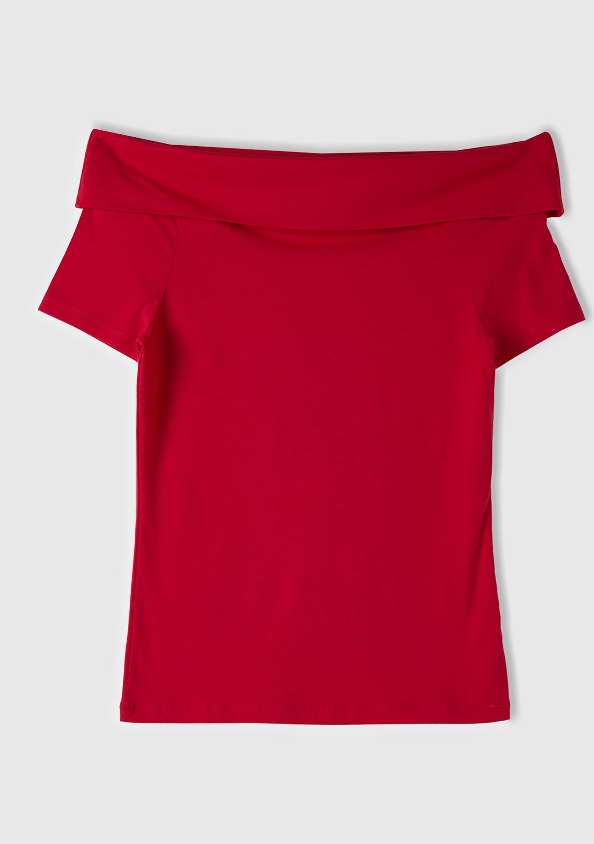  Kadın Vişne Pamuk Karışımlı Beli Daralan Kısa Kollu Şal Yaka T-shirt