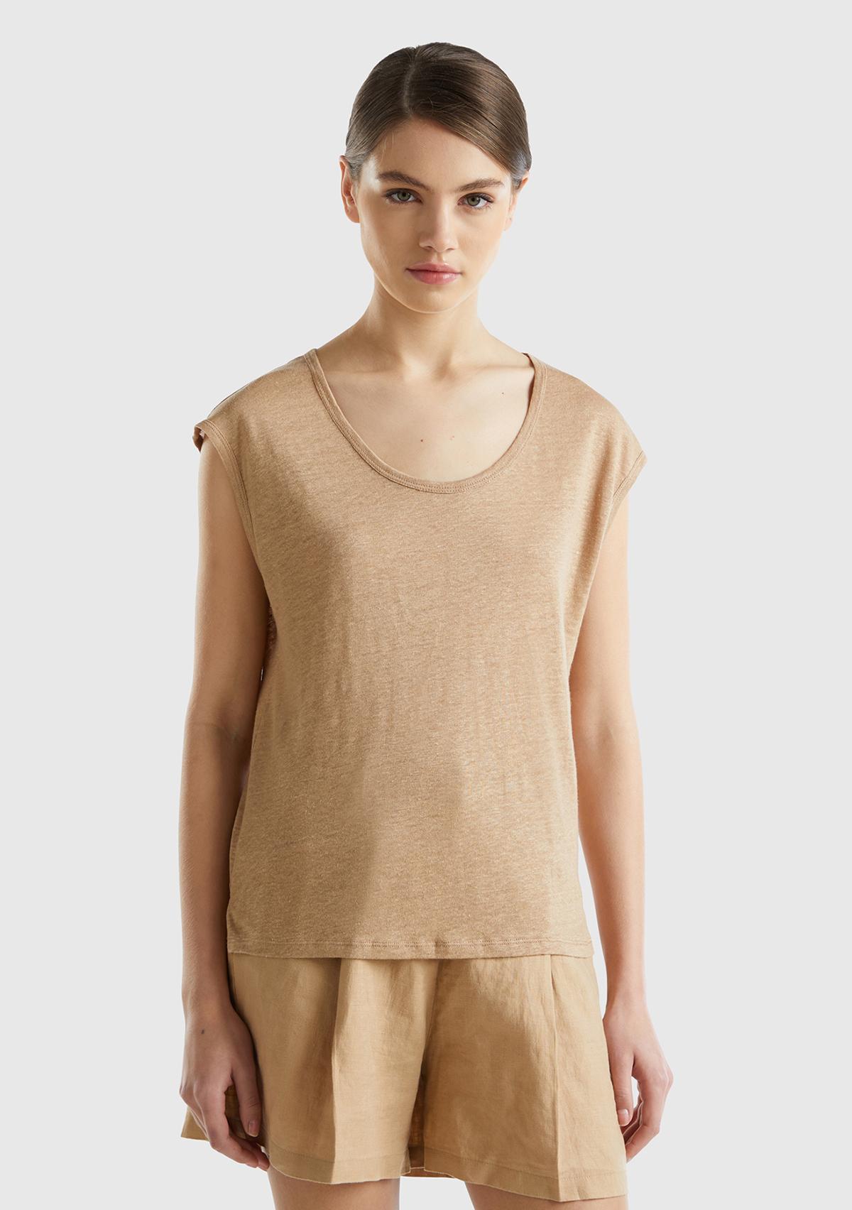  Kadın Taba %100 Keten Rahat Kalıp Geniş Bisiklet Yaka Kolsuz T-Shirt