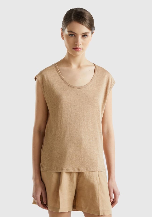  Kadın Taba %100 Keten Rahat Kalıp Geniş Bisiklet Yaka Kolsuz T-Shirt