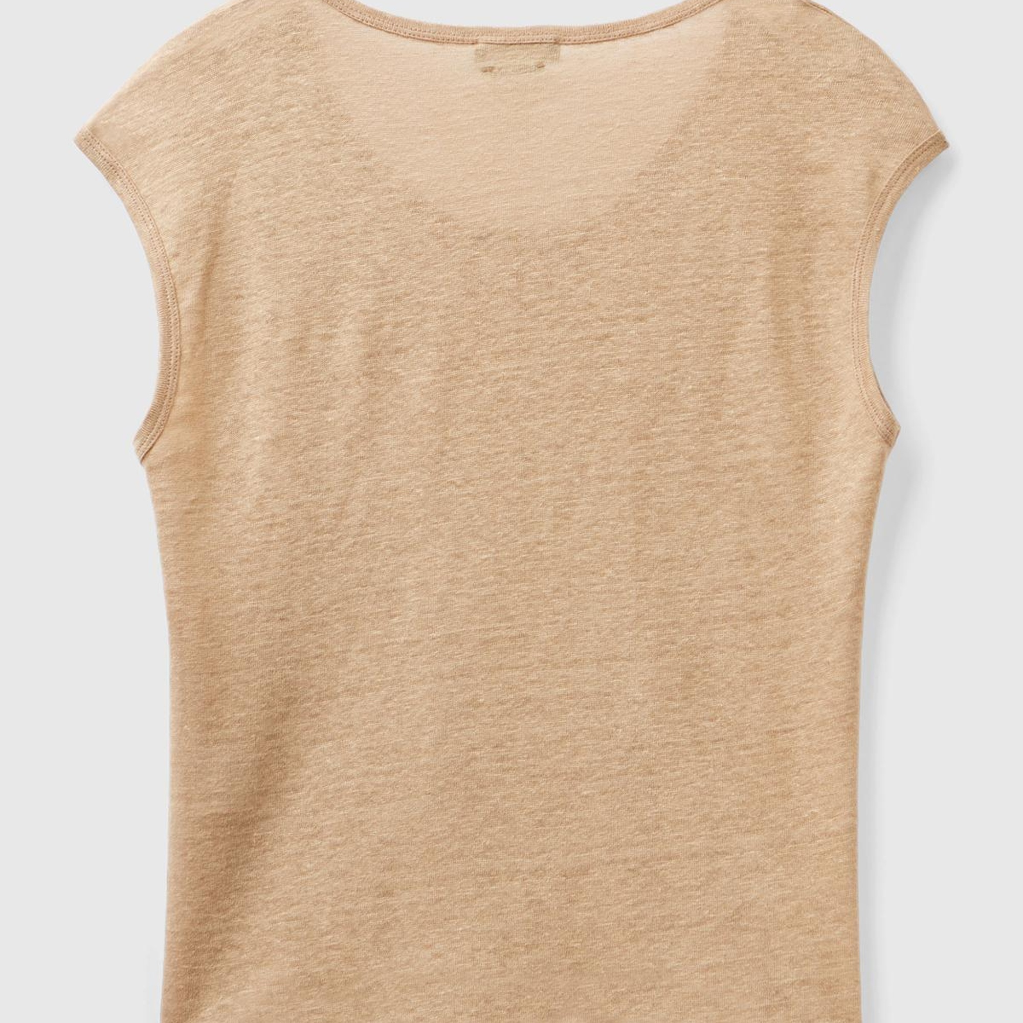 Kadın Taba %100 Keten Rahat Kalıp Geniş Bisiklet Yaka Kolsuz T-Shirt