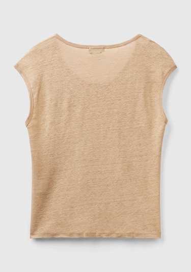  Kadın Taba %100 Keten Rahat Kalıp Geniş Bisiklet Yaka Kolsuz T-Shirt