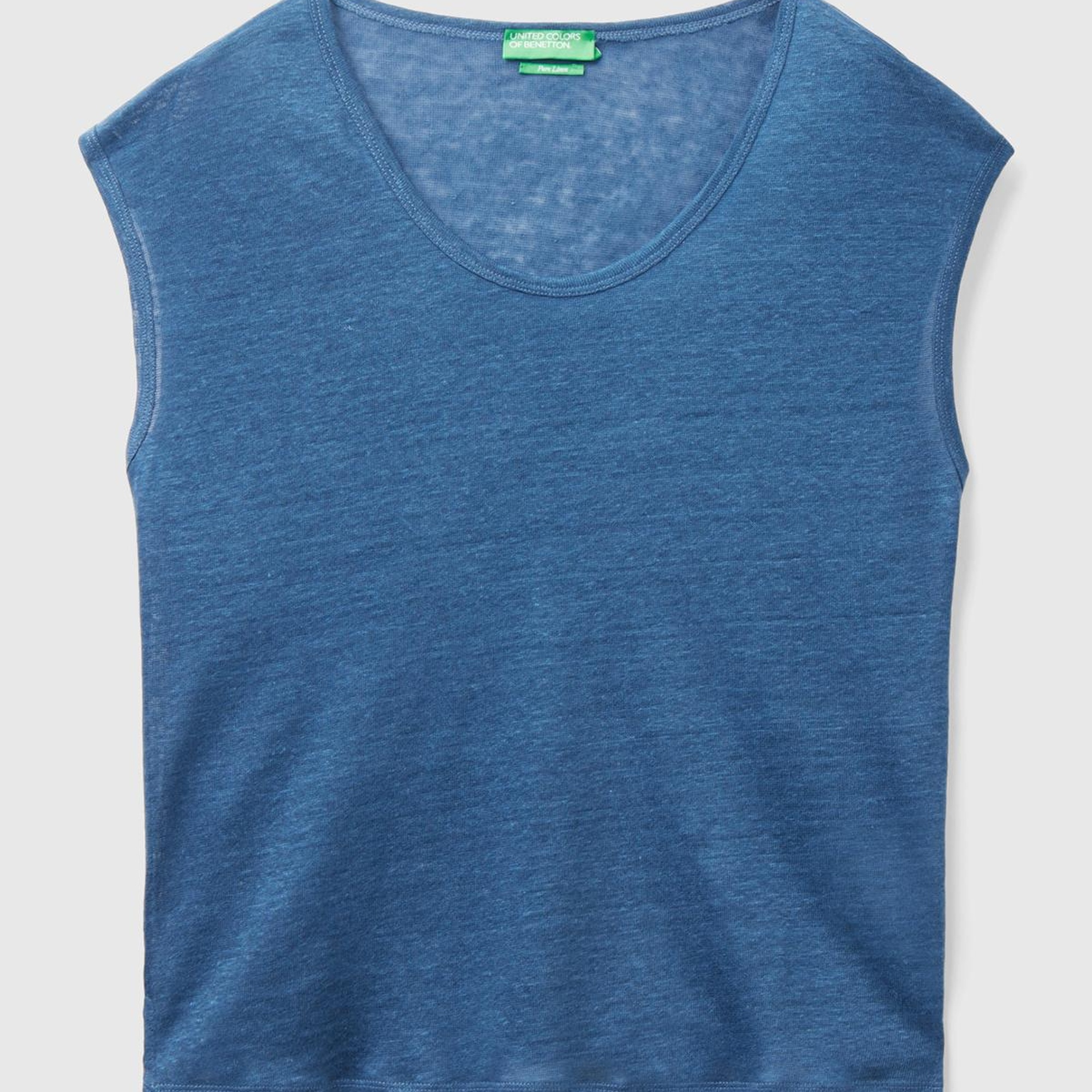 Kadın Gece Mavisi %100 Keten Rahat Kalıp Geniş Bisiklet Yaka Kolsuz T-Shirt