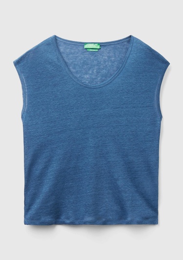  Kadın Gece Mavisi %100 Keten Rahat Kalıp Geniş Bisiklet Yaka Kolsuz T-Shirt