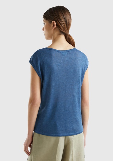  Kadın Gece Mavisi %100 Keten Rahat Kalıp Geniş Bisiklet Yaka Kolsuz T-Shirt