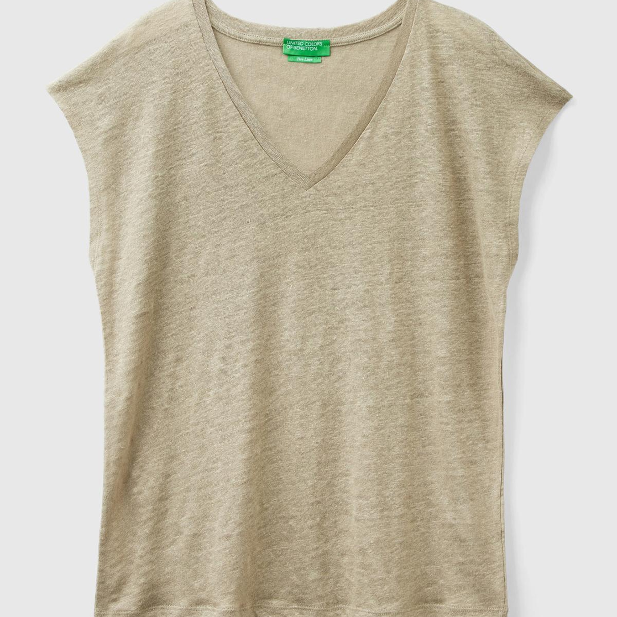 Kadın Haki %100 Keten Rahat Kalıp Derin V Yaka Kolsuz T-Shirt