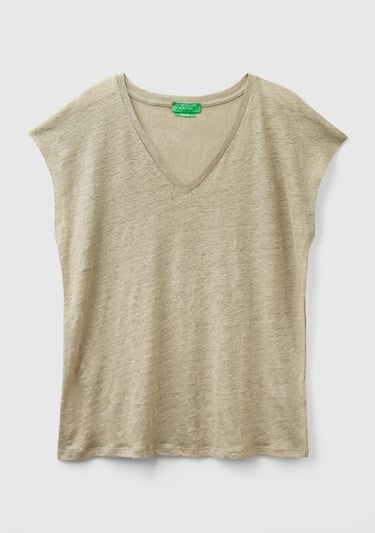  Kadın Haki %100 Keten Rahat Kalıp Derin V Yaka Kolsuz T-Shirt