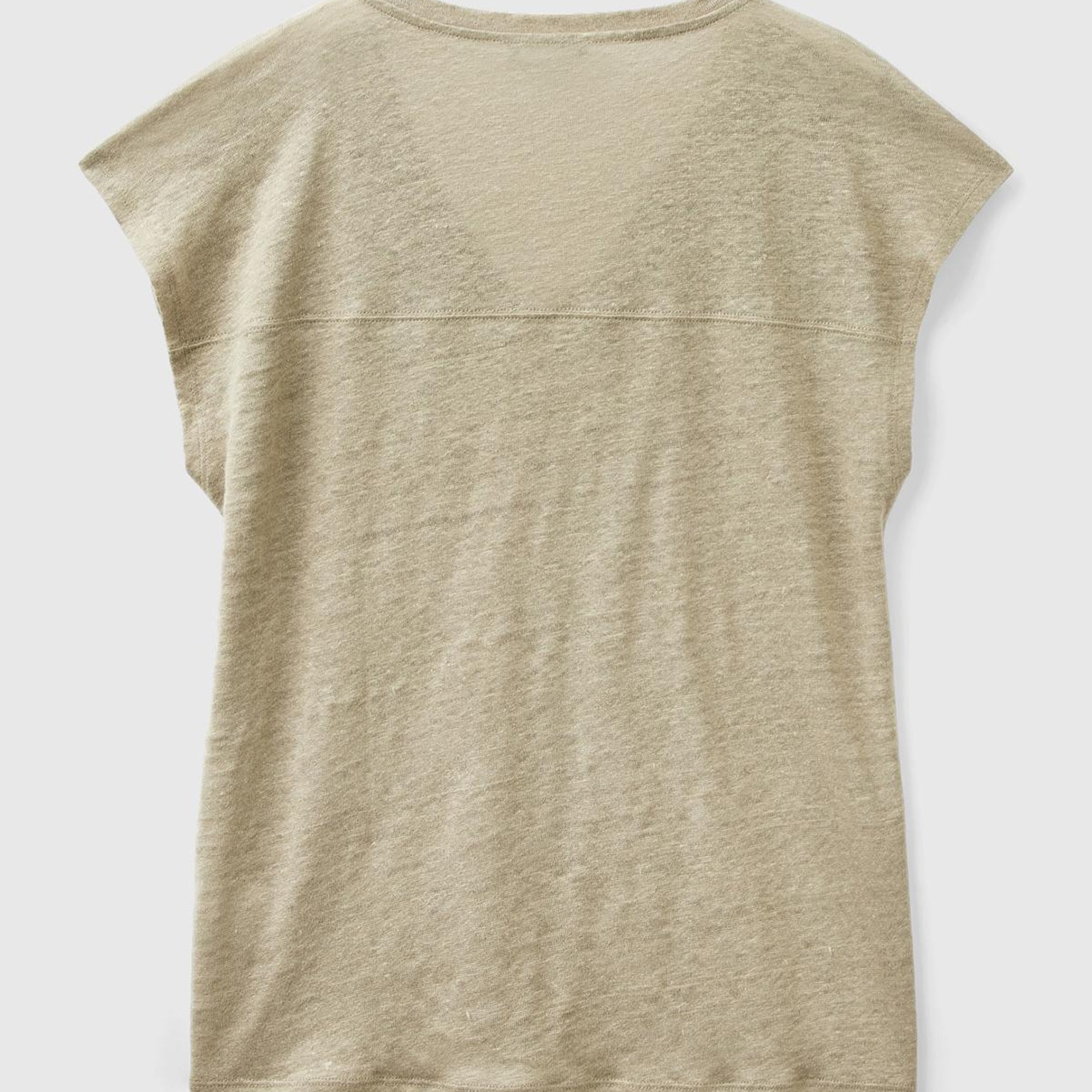 Kadın Haki %100 Keten Rahat Kalıp Derin V Yaka Kolsuz T-Shirt