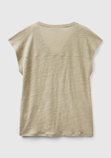  Kadın Haki %100 Keten Rahat Kalıp Derin V Yaka Kolsuz T-Shirt