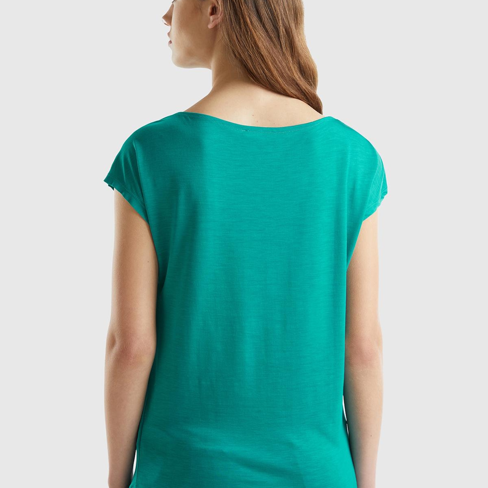 Kadın Petrol Yeşili %100 Liyosel Kimono Kollu Kayık Yaka T-Shirt