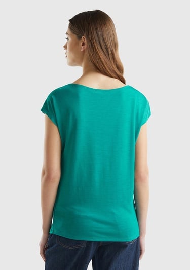  Kadın Petrol Yeşili %100 Liyosel Kimono Kollu Kayık Yaka T-Shirt