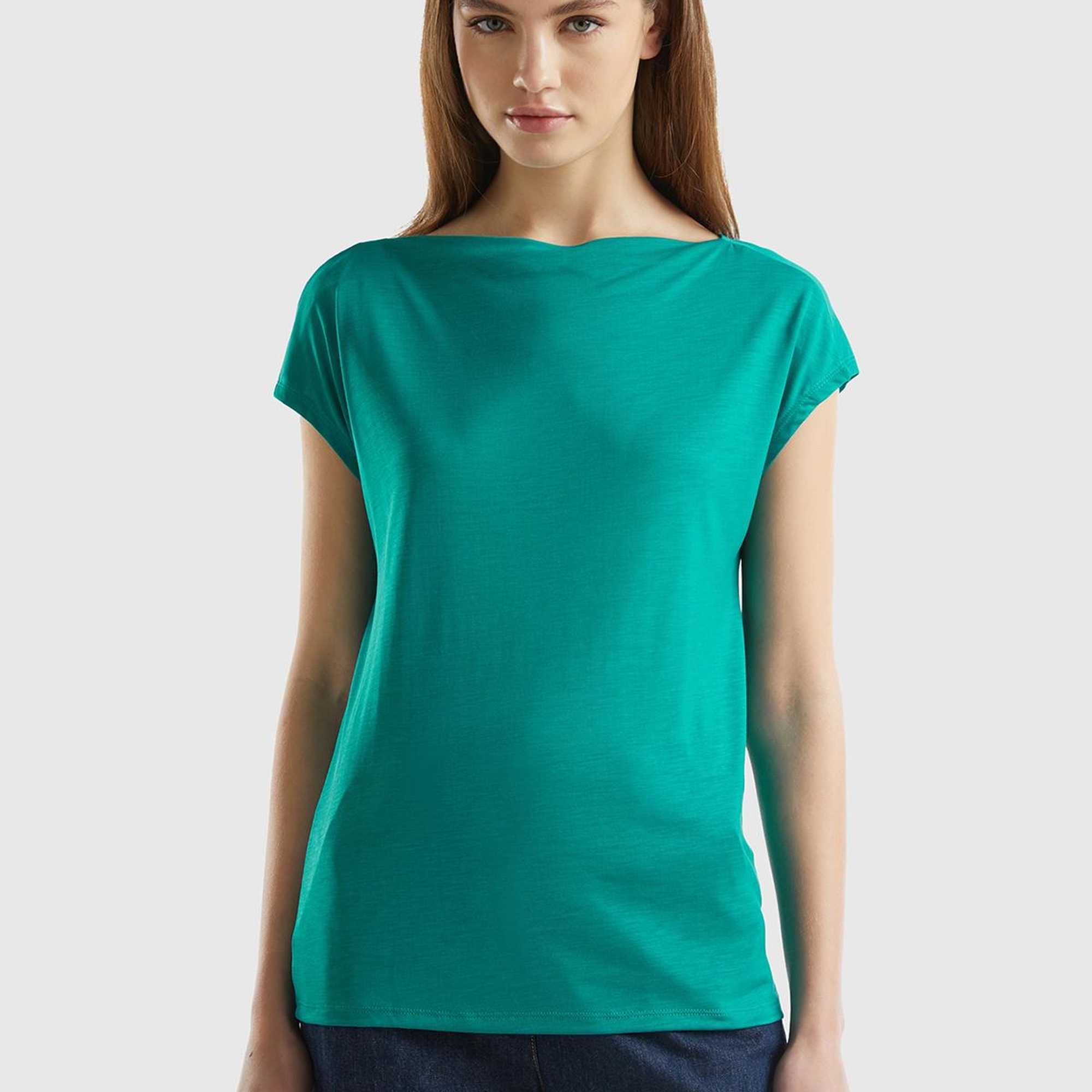 Kadın Petrol Yeşili %100 Liyosel Kimono Kollu Kayık Yaka T-Shirt