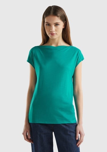  Kadın Petrol Yeşili %100 Liyosel Kimono Kollu Kayık Yaka T-Shirt