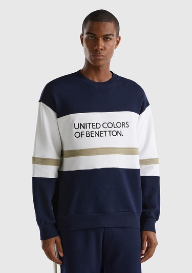  Erkek Lacivert %100 Pamuk Renk Bloklu Bisiklet Yaka Sweatshirt