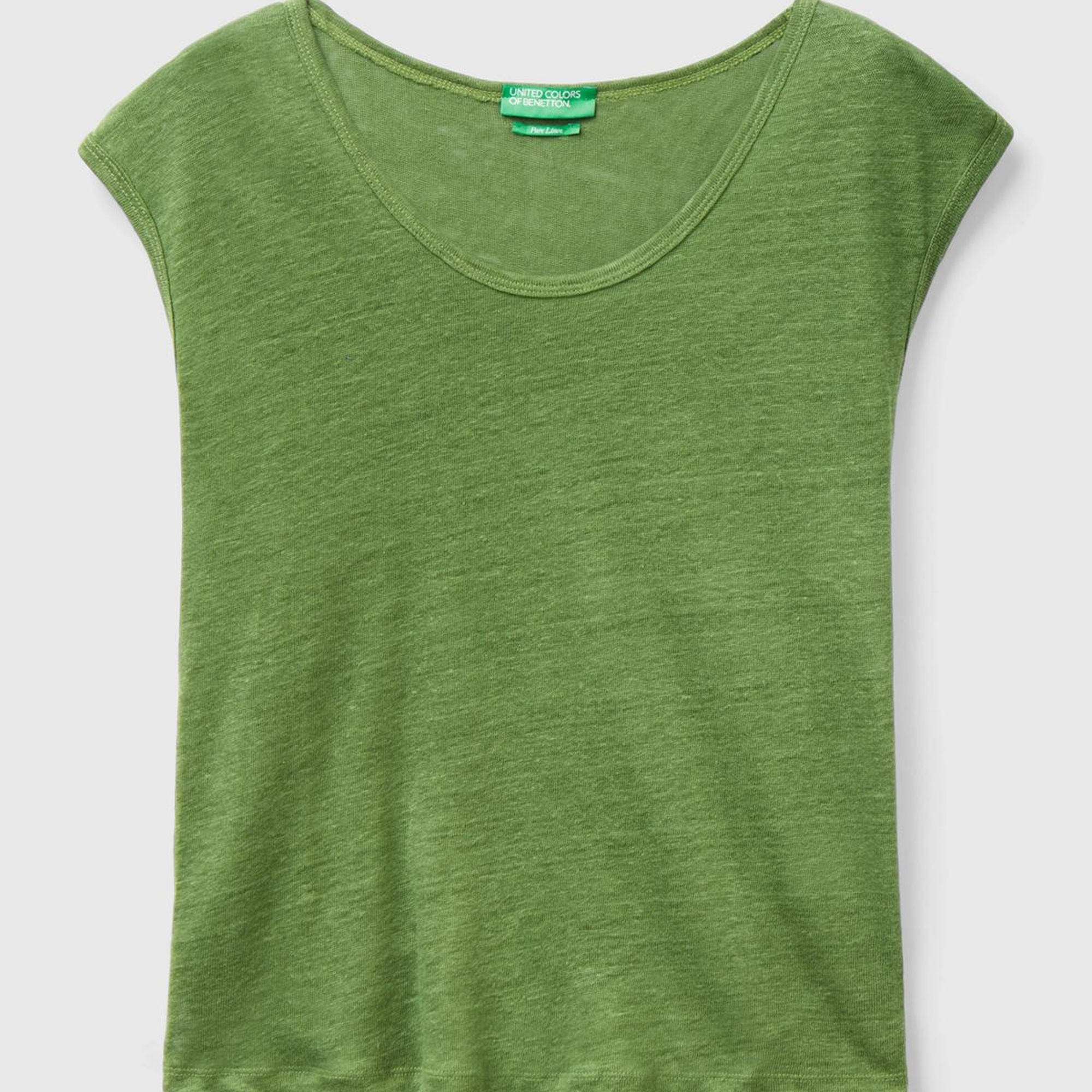 Kadın Soluk Yeşil %100 Keten Rahat Kalıp Geniş Bisiklet Yaka Kolsuz T-Shirt