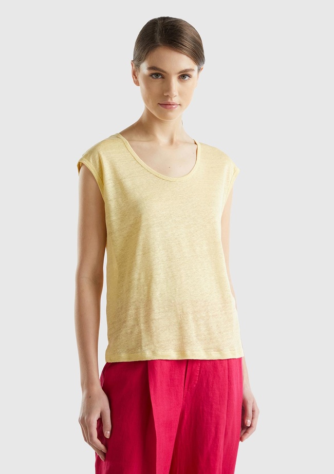  Kadın Açık Sarı %100 Keten Rahat Kalıp Geniş Bisiklet Yaka Kolsuz T-Shirt