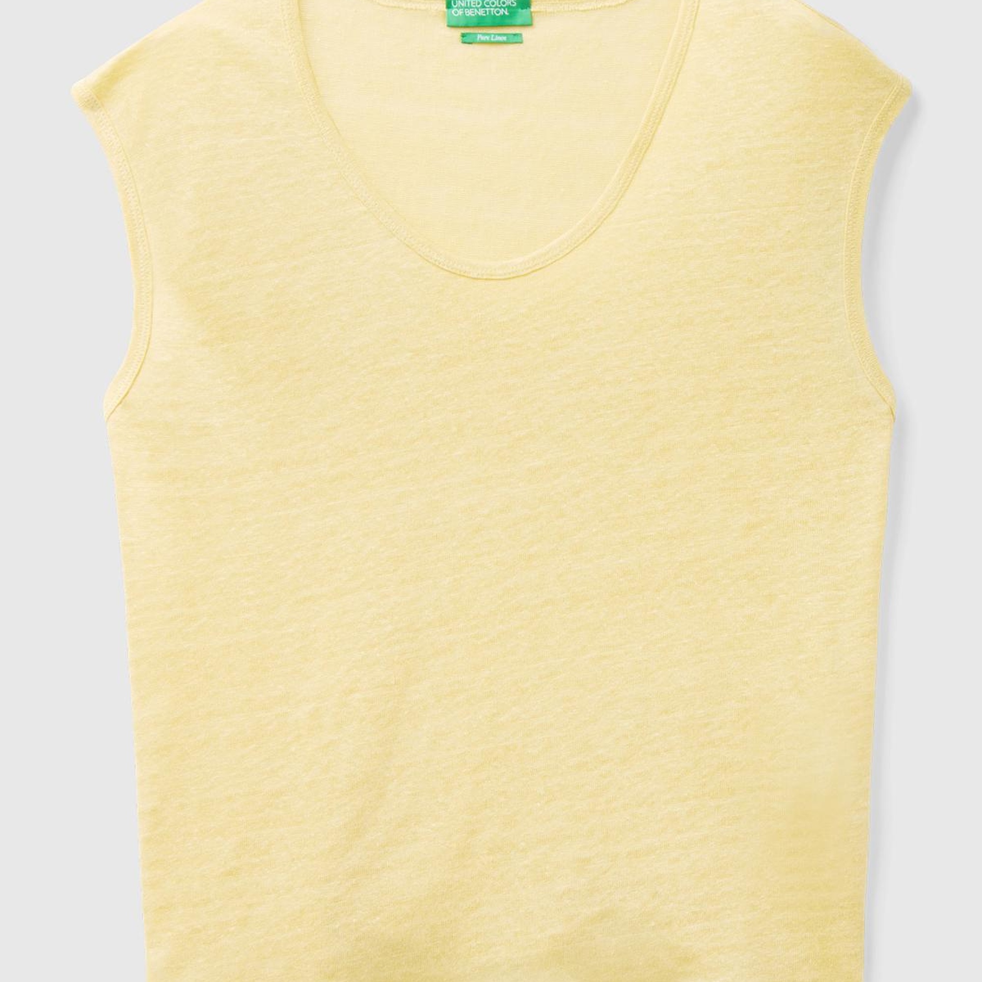 Kadın Açık Sarı %100 Keten Rahat Kalıp Geniş Bisiklet Yaka Kolsuz T-Shirt