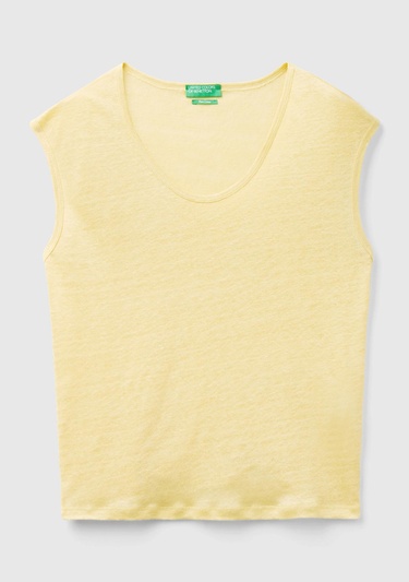  Kadın Açık Sarı %100 Keten Rahat Kalıp Geniş Bisiklet Yaka Kolsuz T-Shirt