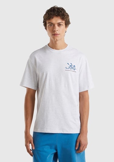  Erkek Açık Gri Melanj %100 Pamuk Önü Arkası Grafik Baskılı Bisiklet Yaka T-Shirt