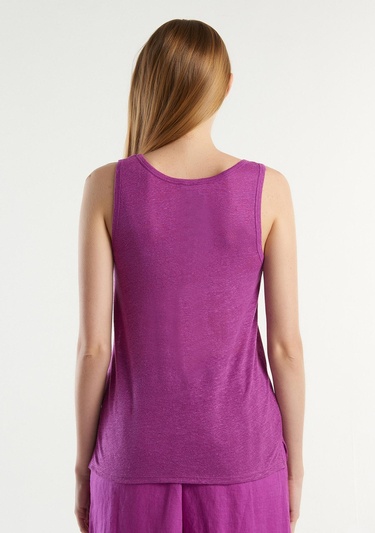  Kadın Mor %100 Keten Rahat Kalıp Kalın Askılı Atlet