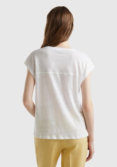  Kadın Beyaz %100 Keten Rahat Kalıp Derin V Yaka Kolsuz T-Shirt