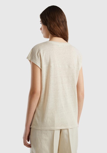  Kadın Bej %100 Keten Rahat Kalıp Derin V Yaka Kolsuz T-Shirt