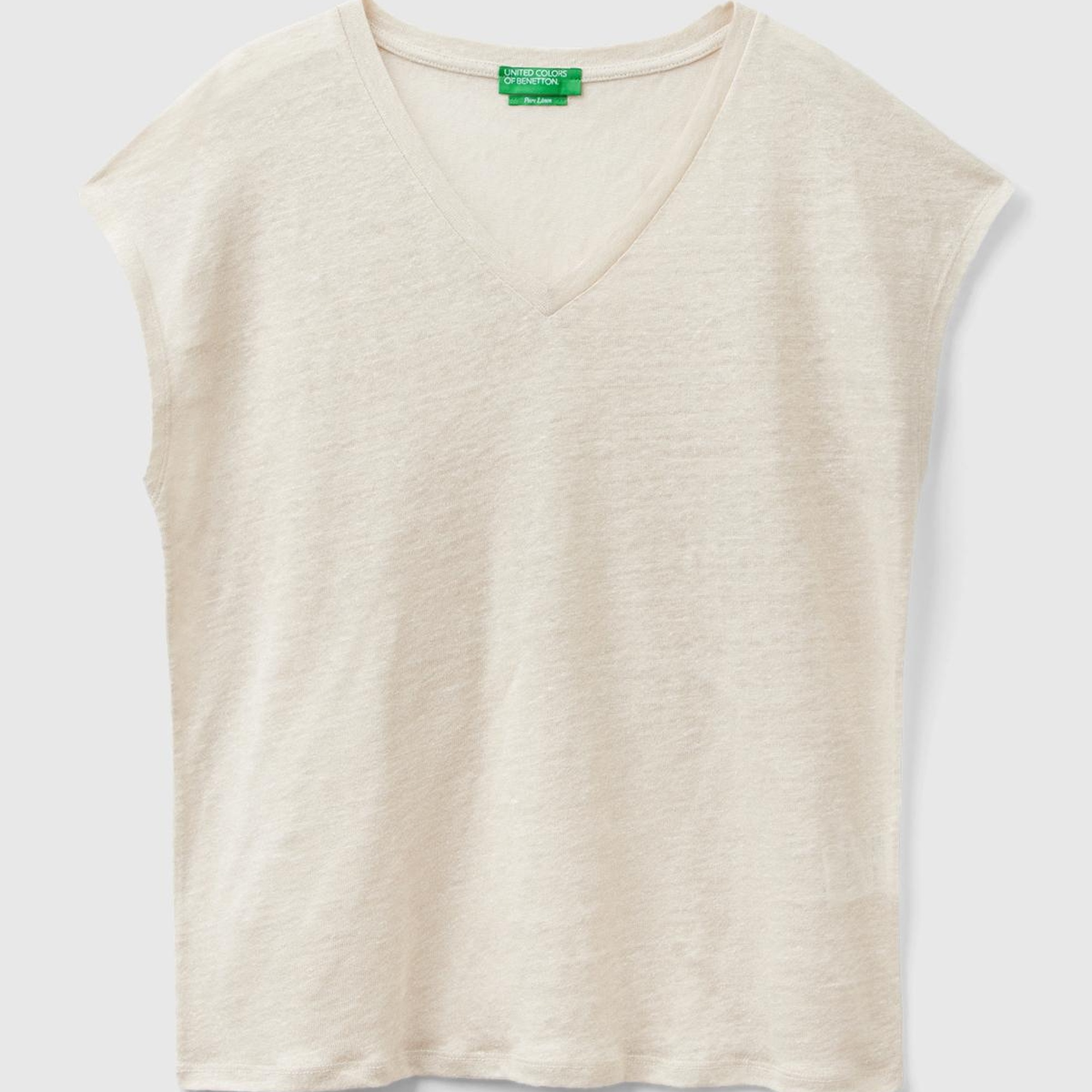 Kadın Bej %100 Keten Rahat Kalıp Derin V Yaka Kolsuz T-Shirt