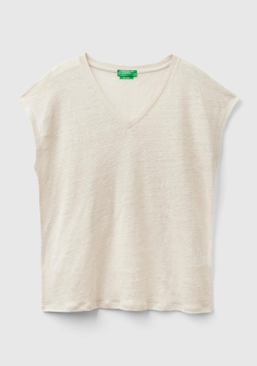  Kadın Bej %100 Keten Rahat Kalıp Derin V Yaka Kolsuz T-Shirt