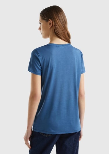  Kadın Gece Mavisi %100 Liyosel V Yaka T-Shirt