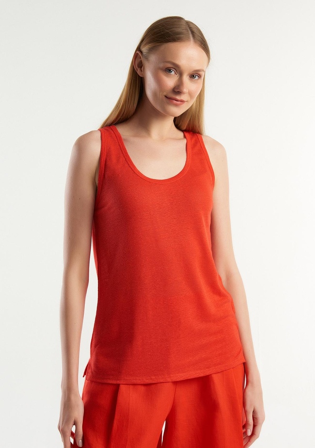  Kadın Kırmızı %100 Keten Rahat Kalıp Kalın Askılı Atlet