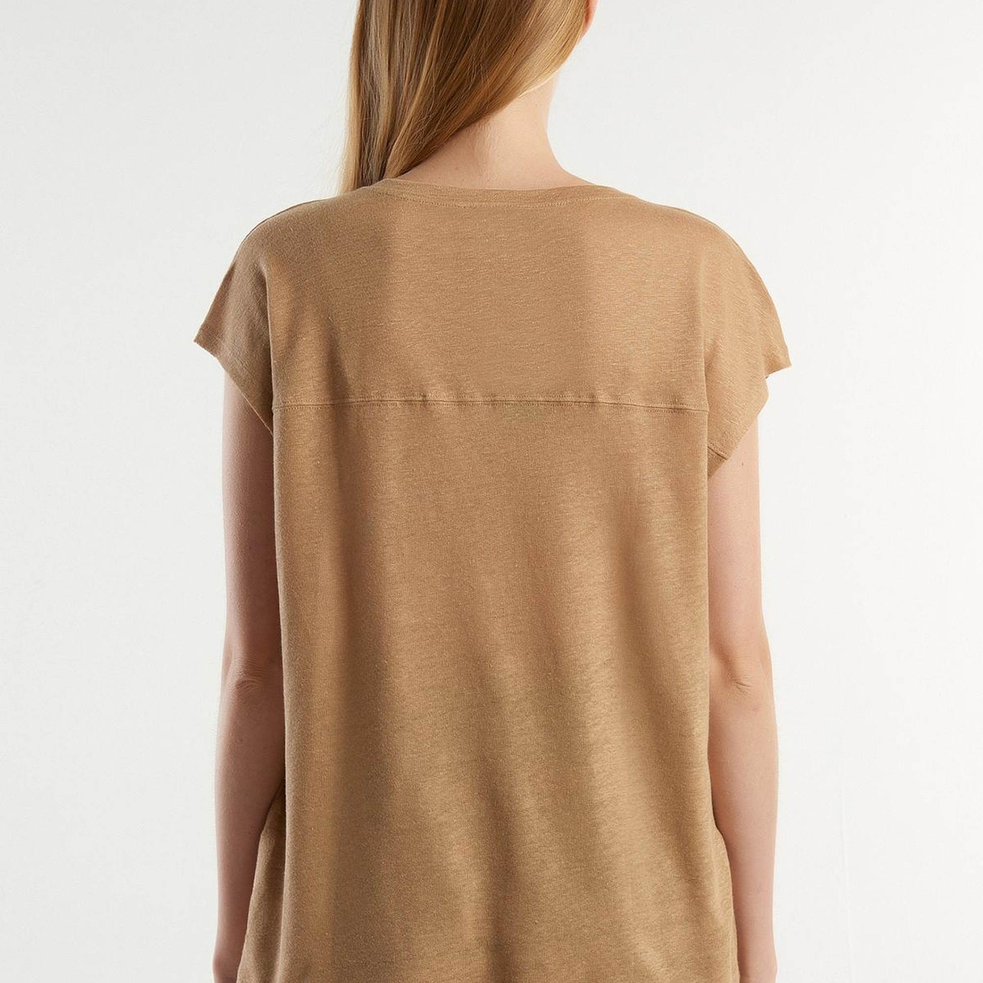 Kadın Taba %100 Keten Rahat Kalıp Derin V Yaka Kolsuz T-Shirt