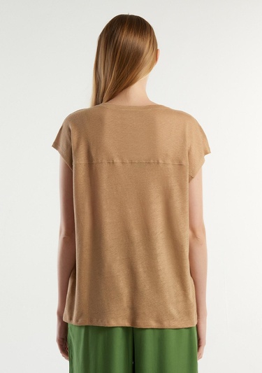  Kadın Taba %100 Keten Rahat Kalıp Derin V Yaka Kolsuz T-Shirt