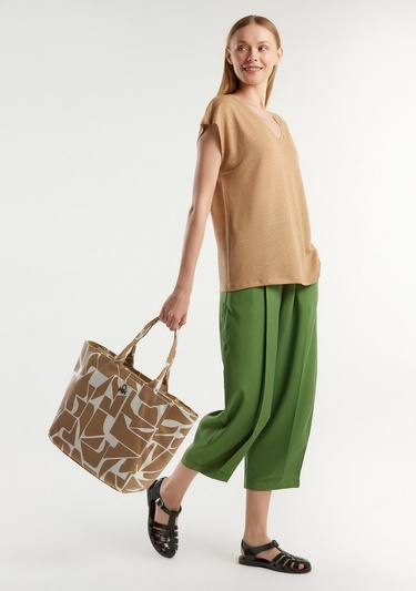  Kadın Taba %100 Keten Rahat Kalıp Derin V Yaka Kolsuz T-Shirt