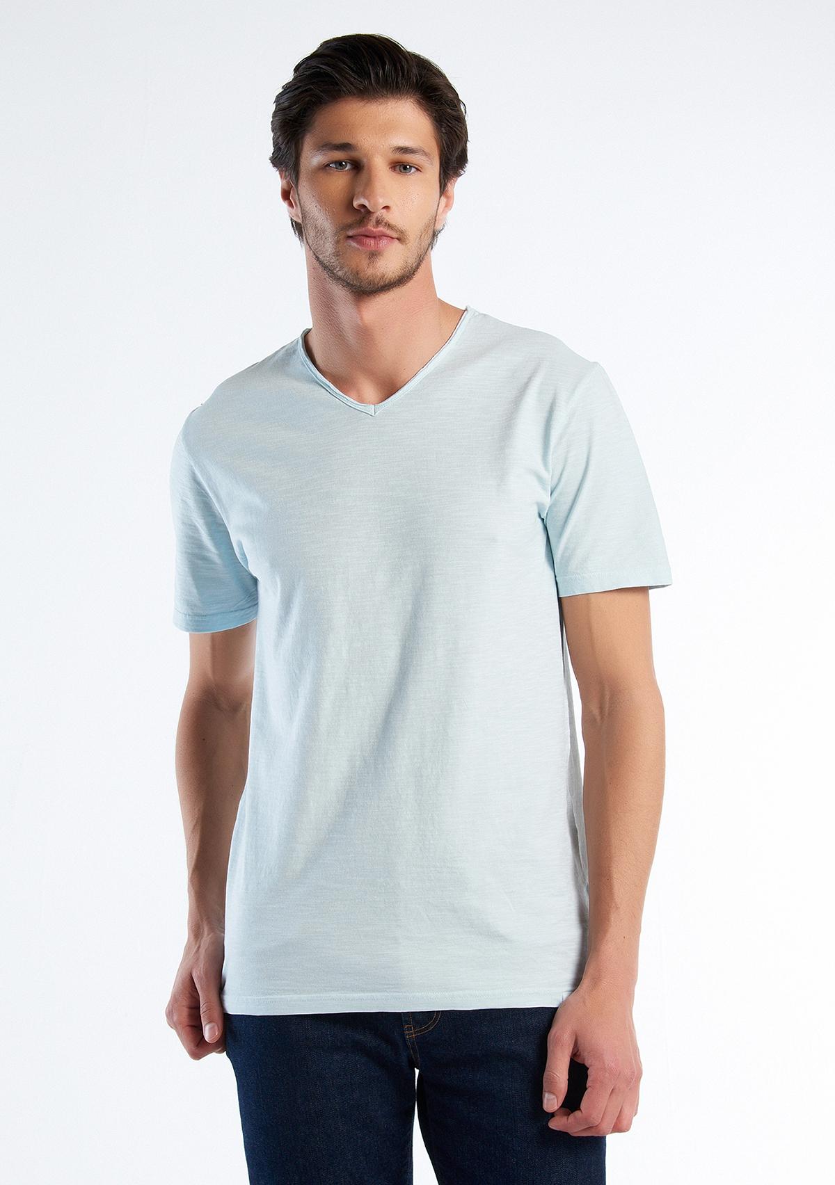  Erkek Uçuk Mavi V Yaka Slub T-shirt