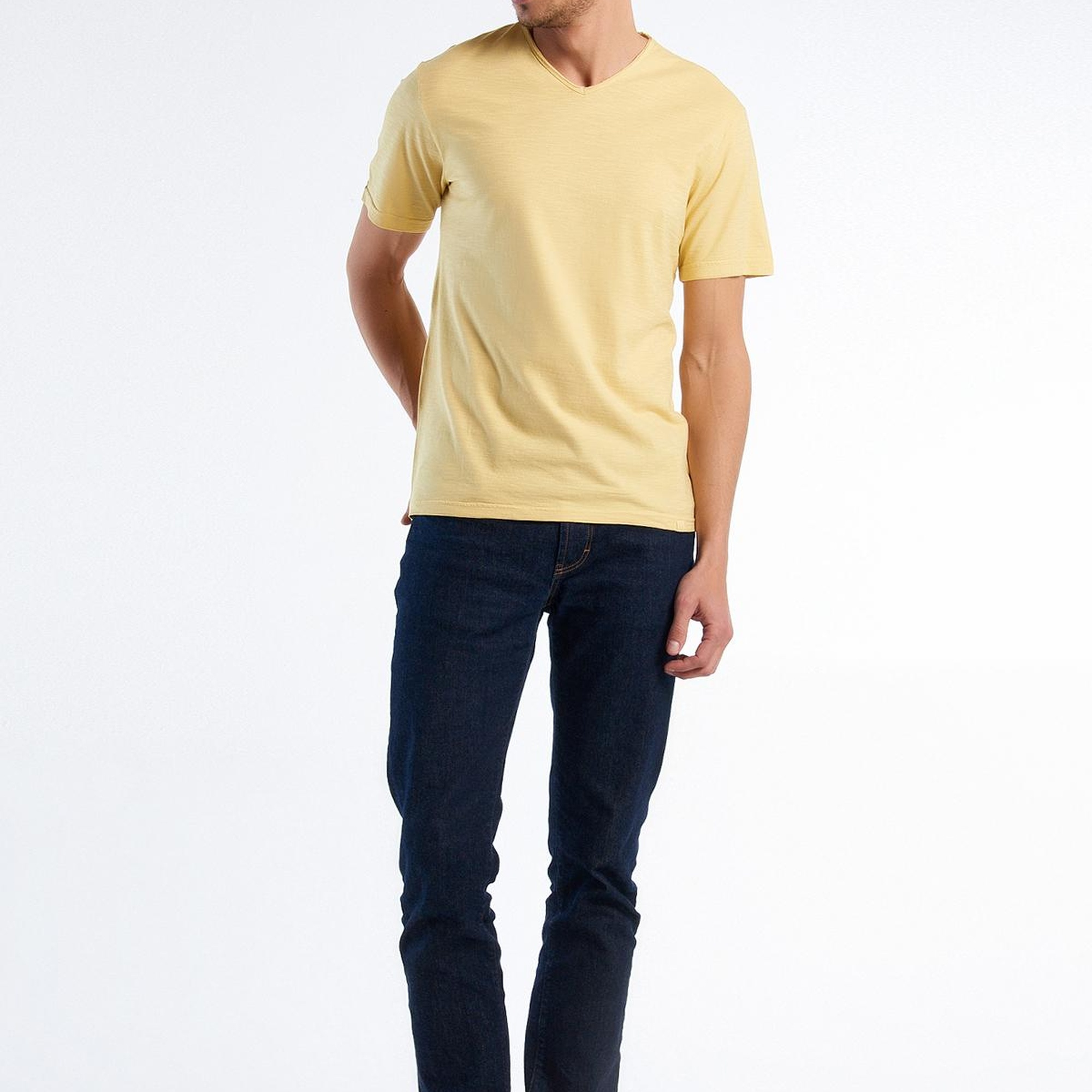 Erkek Açık Sarı V Yaka Slub T-shirt