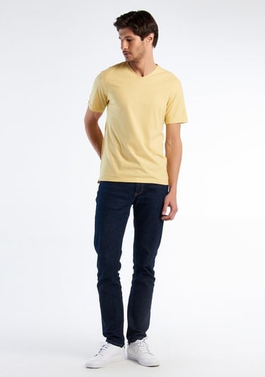  Erkek Açık Sarı V Yaka Slub T-shirt
