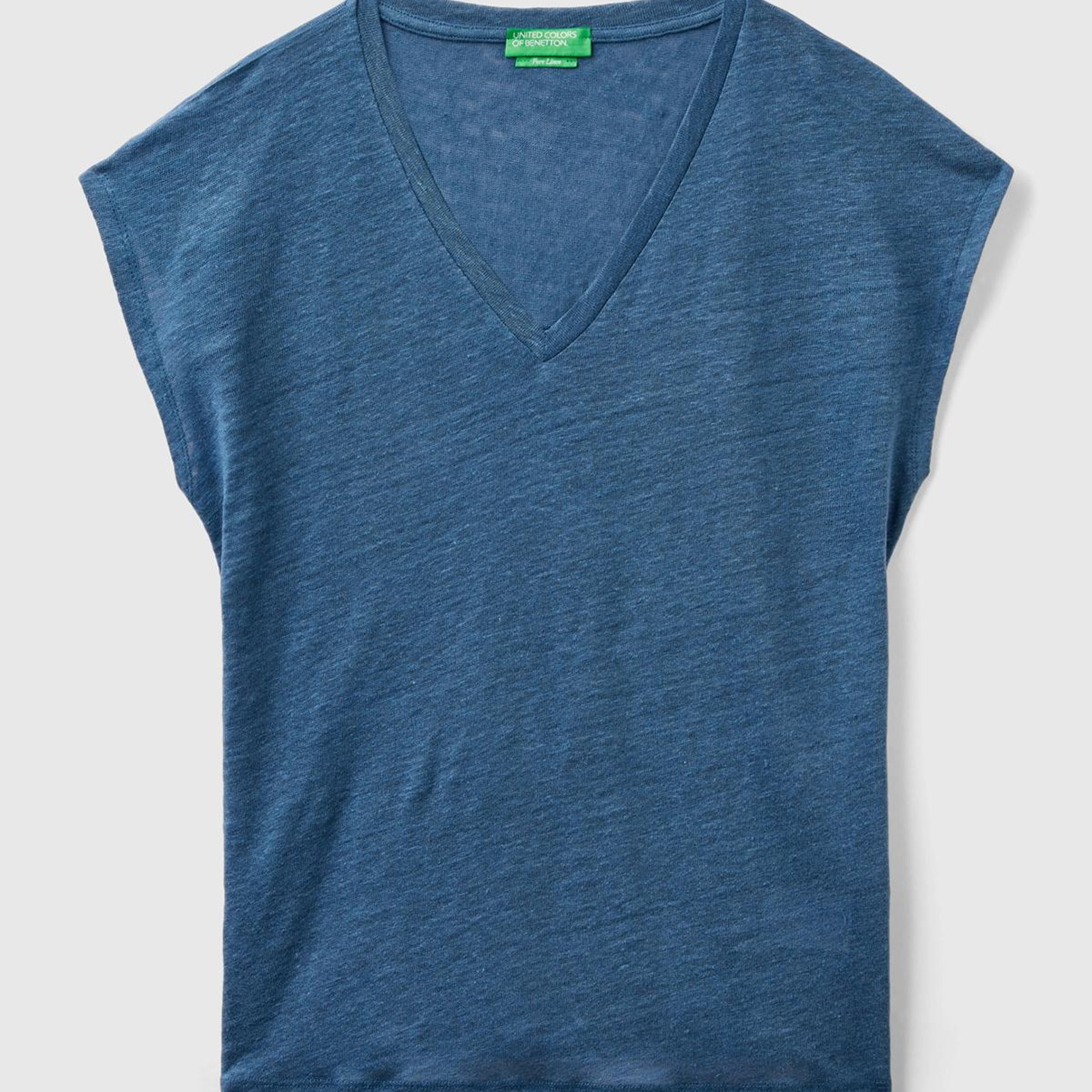 Kadın Gece Mavisi %100 Keten Rahat Kalıp Derin V Yaka Kolsuz T-Shirt