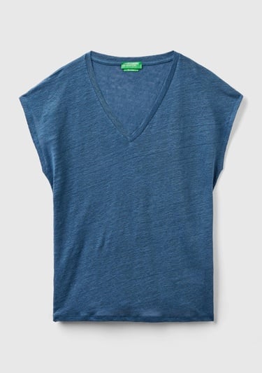  Kadın Gece Mavisi %100 Keten Rahat Kalıp Derin V Yaka Kolsuz T-Shirt