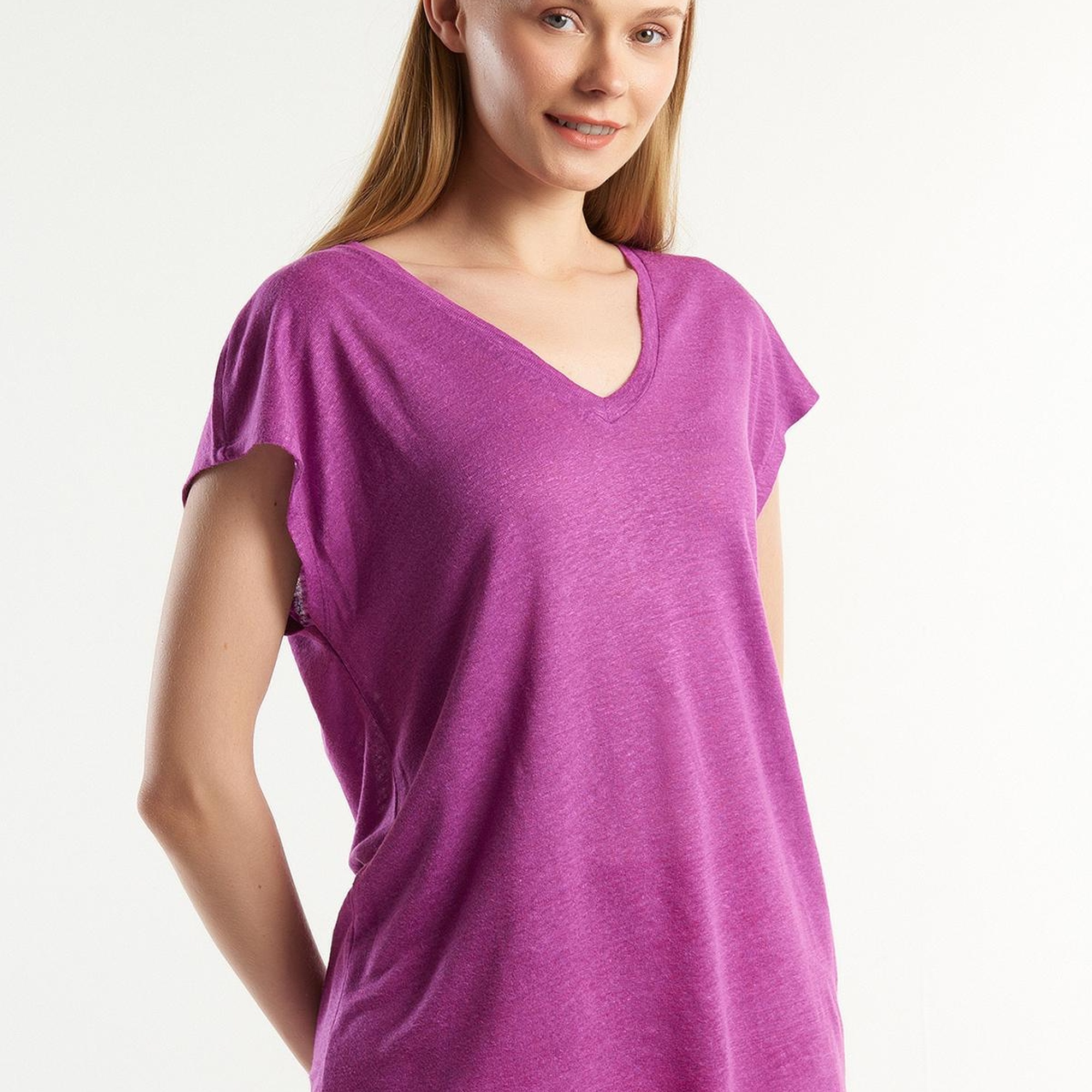 Kadın Mor %100 Keten Rahat Kalıp Derin V Yaka Kolsuz T-Shirt